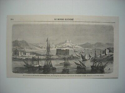 Gravure 1864. A Tunis, Les Europeens Se Refugient A Bord Des Batiments En Rade..