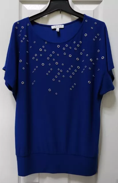 Chaus New York Shirt Short Sleeves Embellished Blue Blouse Large