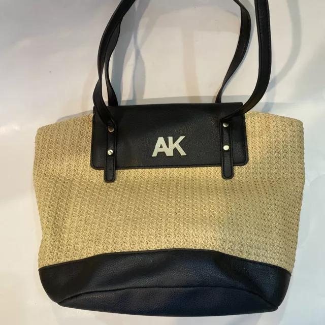 Anne Klein Purse wicker straw/raffia/woven tote bag handbag Tan & Black Leather