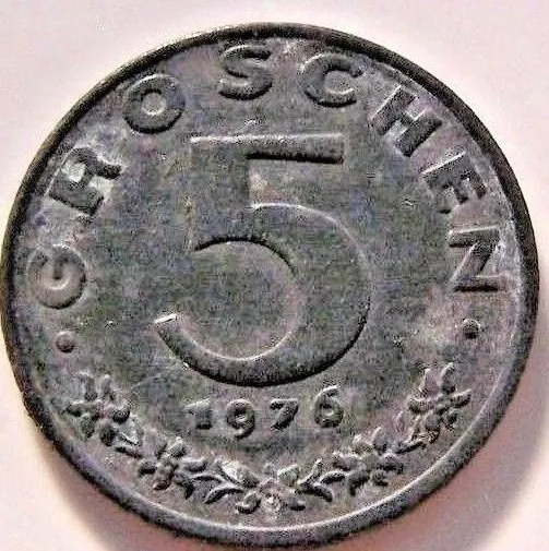 Coin, Austria, 5 Groschen, Coat Of Arms, Zinc, 1976