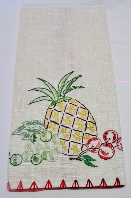 Vintage Linen Hand Embroidered Pineapple Fruit Dish Towel Red Trim - 16" x 27"