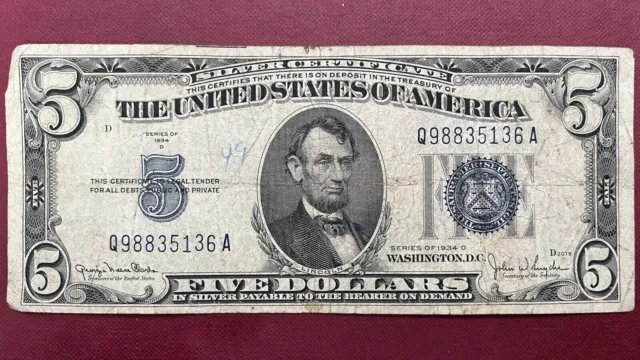1934 D Five Dollar Silver Certificate $5 Bill Blue Seal Note Circulated #59023