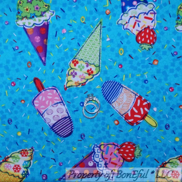 BonEful FABRIC FQ Cotton Quilt Aqua Blue Pink Ice Cream Birthday Girl American L