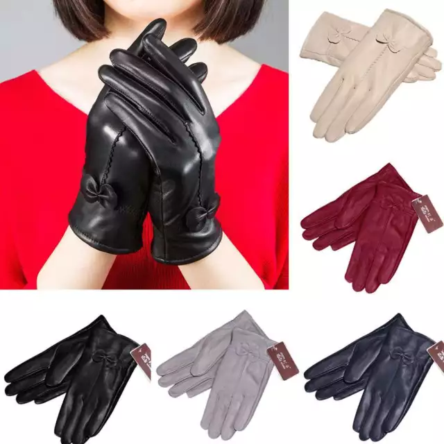 Womens Gloves Genuine Lambskin Leather Solid Winter Warm Driving Soft Lining