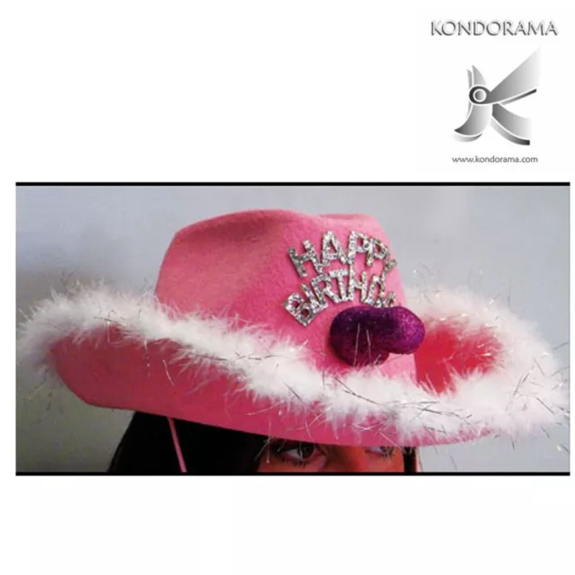 Cappello rosa e bianco cow-girl con scritta glitter argento “happy birthday” per 2