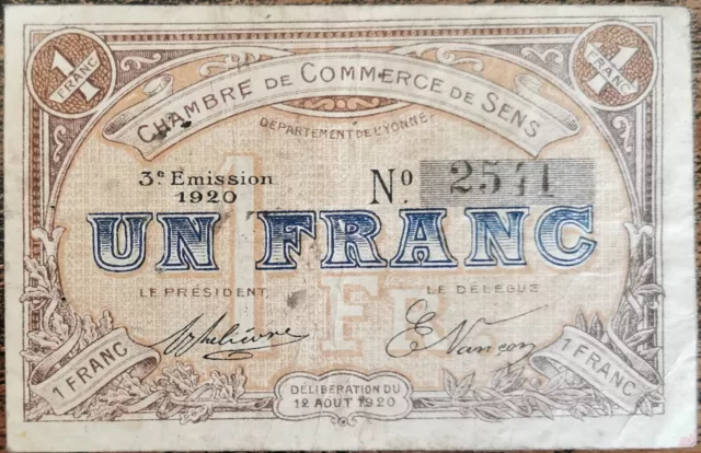 Billet 1 franc chambre de commerce de SENS 1920 nécessité n°37196