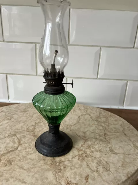 Vintage Green Glass Small Oil Lamp