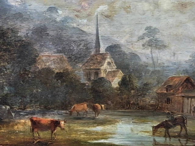 Tableau ancien .Paysage animées  Peinture huile sur panneau de bois. Style XlX°