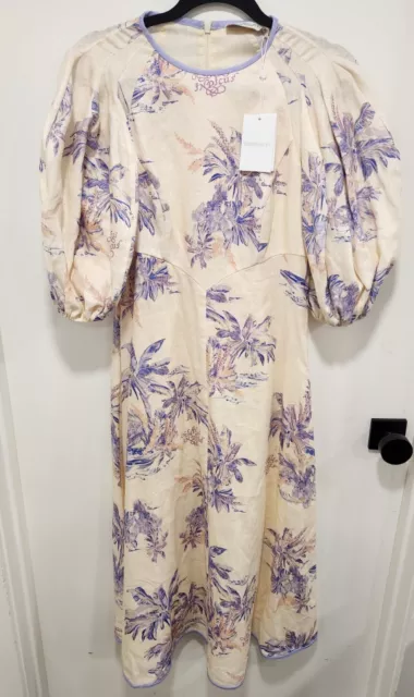 ZIMMERMANN Womens Size 2 NWT Linen Day Midi Dress In Pearl Palm Toile