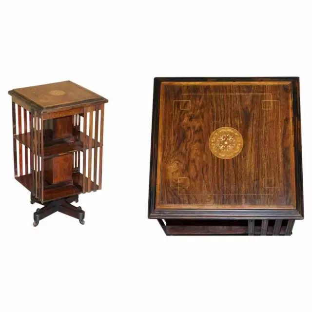 Circa 1900 Edwardian Rosewood Revolving Bookcase Sheraton Inlaid Book Table