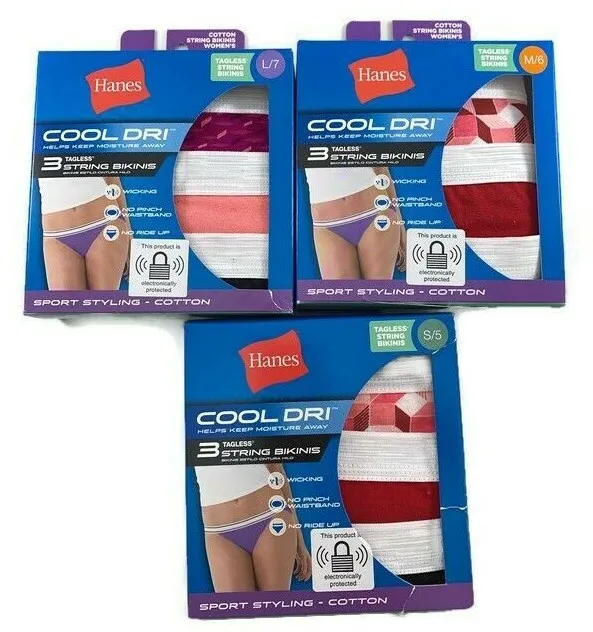 HANES WOMENS 3-PACK Cool Dri Cotton String Bikini Panties Sizes 5 S, 6 M &  7 L $5.99 - PicClick