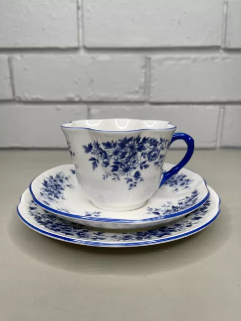 Crown Staffordshire Petite Blue Scalloped Teacup Trio Fine Bone China - England