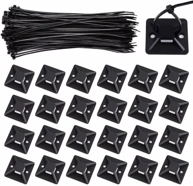 100/200x Zip Tie Mount With Cable Ties Self Adhesive Wire Fasteners Cable Clips