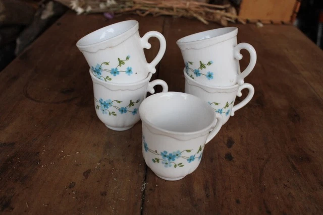 Lot 10 Tasses Et Soucoupes Arcopal Véronica, Motif Myosotis, Vintage Années 70