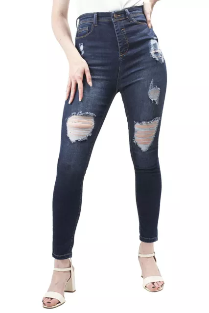 Ladies Women Cotton Plain High Waist Knee Cut Slim Fit Skinny Ripped Denim Jeans