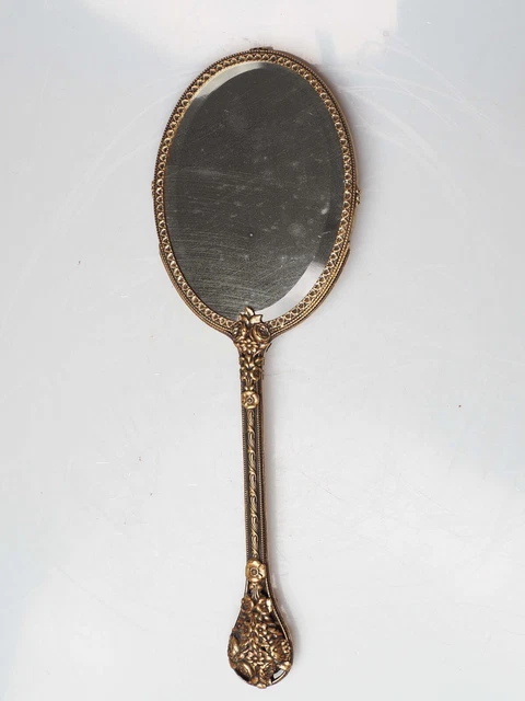 Vintage Brass Decorated Vanity Hand Mirror