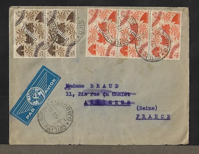 French Somalia Djibouti To France Air Mail Pair & Strip Of 3 On Cover 1948