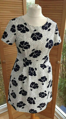 Boden White Shift Dress With Navy Floral & Spot Design & Pockets Size 12 Petite