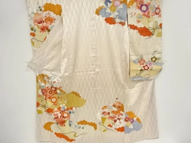 97672# Japanese Kimono / Antique Furisode / Embroidery / Floral Plants