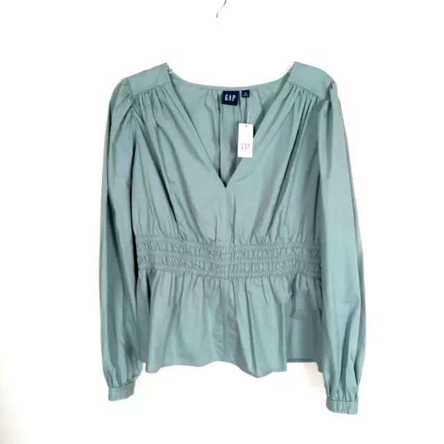 Gap Peplum Long Sleeve Top Womens Medium Smocked Waist Sage Green NWT