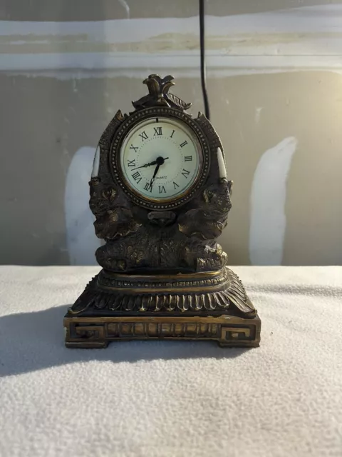 Antique Style Clock Bronze Resin 2 Elephants With White Tusks. Small Chip