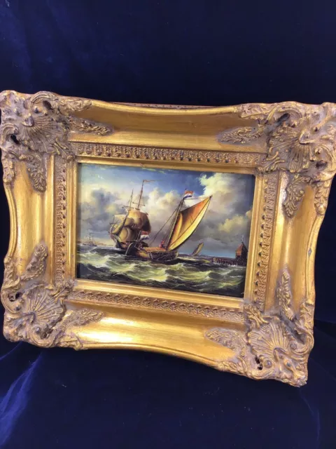 Antique Ornate Gold Gilt Frame Miniature Oil Painting Ships Nautical Picture