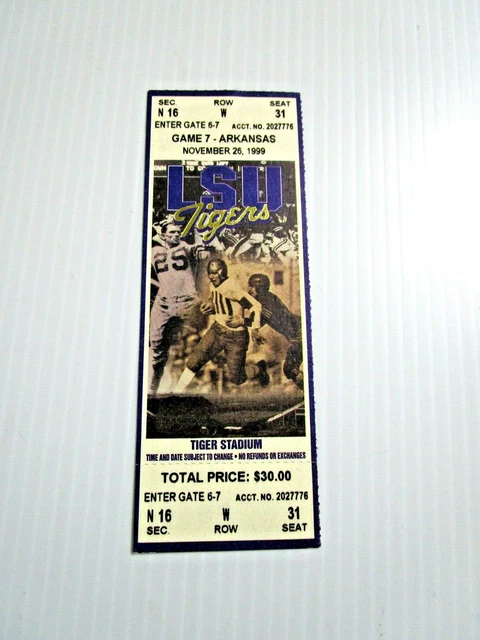 LSU Tigers Arkansas Razorbacks Football FULL Ticket 11/26 1999 Rohan Davey Stub