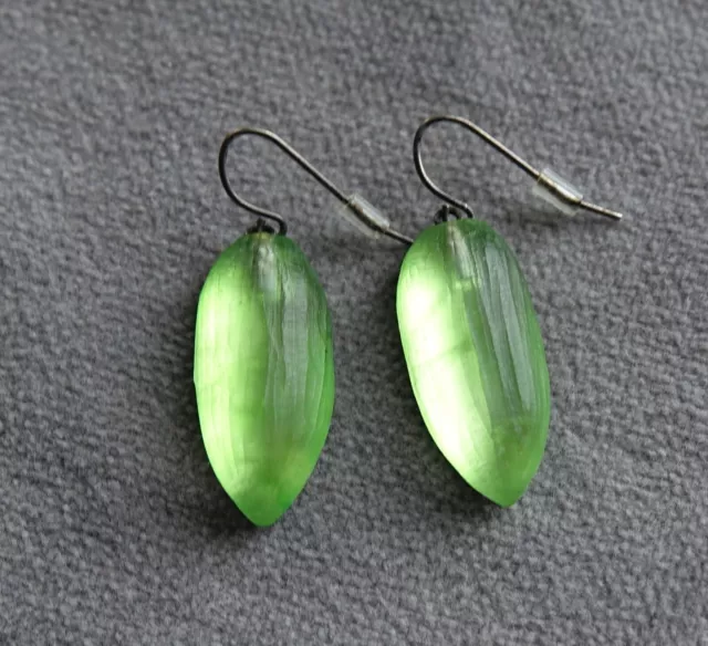 Vintage Alexis Bittar Lime Green Glowing Hand Carved Lucite Hook Dangle Earrings
