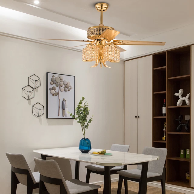 52" Retro Crystal Ceiling Fan Lamp Luxury 5-blade Chandelier With Remote Control