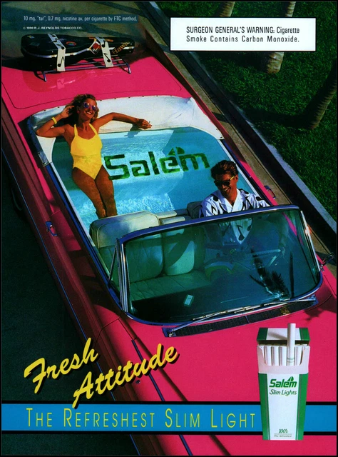 1991 Woman sitting in car wading pool Salem cigarettes retro photo print ad S10