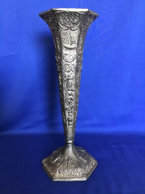 Antique Dutch Silver Plate Metal Vase No. 53 Windmill Sailboat 10.25” Tall