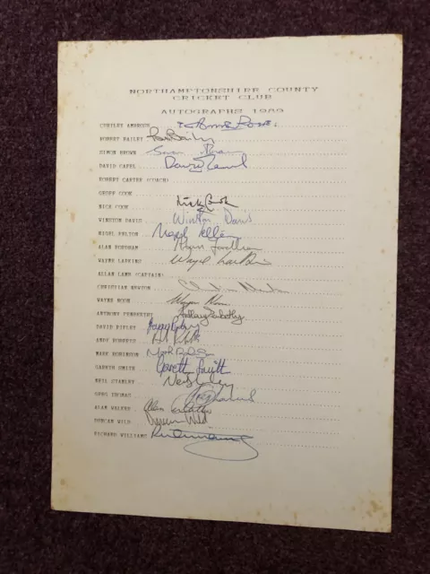 Cricket autograph team sheet Northamptonshire 1989