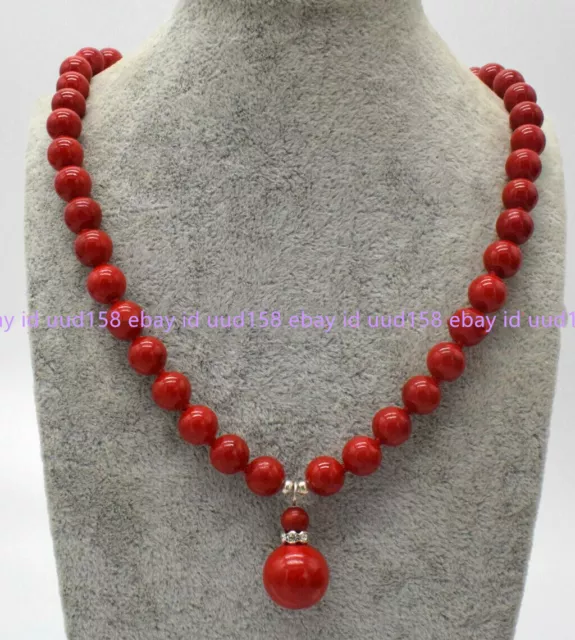 Natural 10mm South Sea Red Coral Round Gemstone Beads Pendant Necklace 18'' AAA