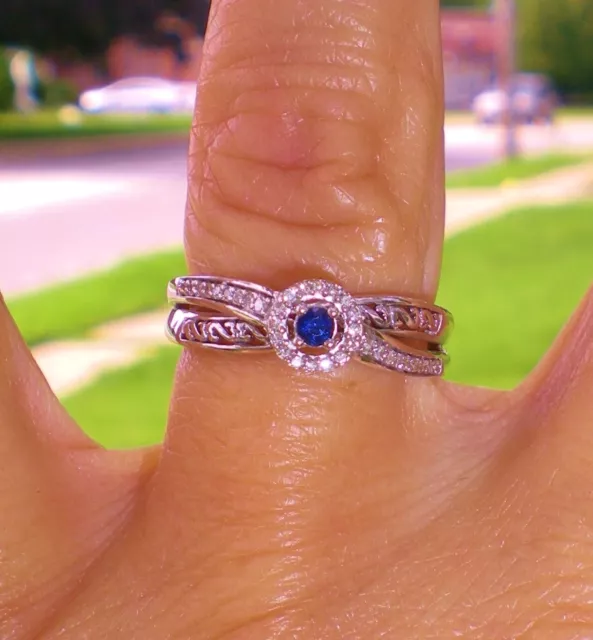 Jane Seymour SS Open Hearts Natural Blue Sapphire 1/6ct Diamond Ring 💎 KAY BOX