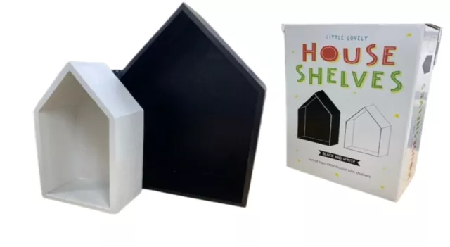 Set of Two Wooden House Shelves Black White Wall Floating Shelf Home Shaped Box