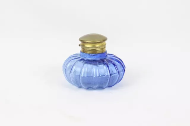 Collectible Inkwell: Light Blue Glass Ribbed Design Brass Fitting Cap Ink Pot