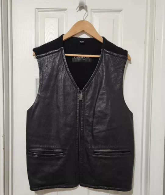 Vtg Kenneth Cole Black Cow Skin leather front Zip Vest/ 100% Wool back Men's M