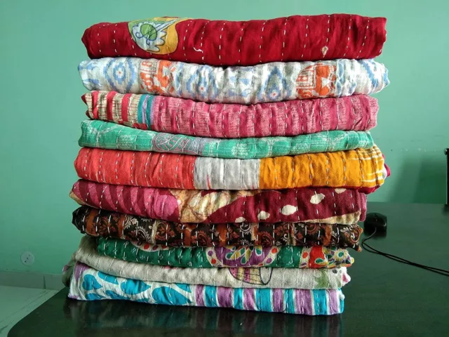 Mix Lot 10 PC Indian Quilt Handmade Throw Twin Kantha Vintage Reversible Blanket