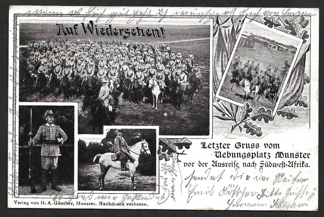 DSWA 4 bildrige Litho AK: Letzter Gruss vom Übungsplatz Munster vor der Ausreise