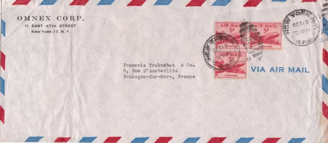 U.S. OMNEX CORP NY Air Mail NY GPO Cancels Plane Stamps Cover to France Rf 44642