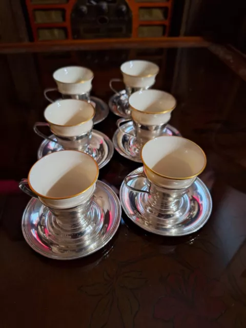 6 International Lord Saybrook Sterling Demitase Cups, Saucers and Lenox Liners