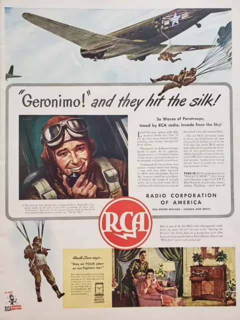 1943 RCA Radio Corp Of America Geronimo As Man Jumps From Plane Print Ad
