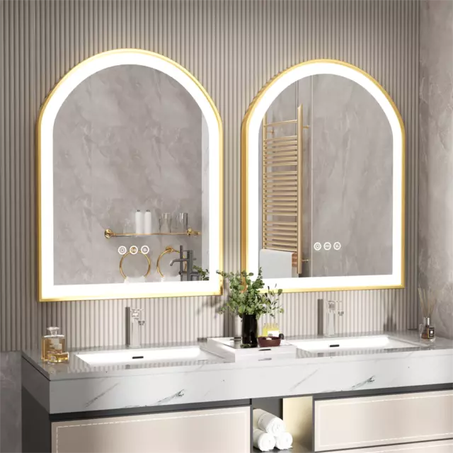 Gold Bathroom Mirror with Lights 36" LED Backlit Arch Wall Mirror Brushed Frame