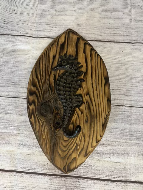 Seahorse Wall Hook Wooden Cast Iron Coat Towel Key Hanger Rustic Nautical Style