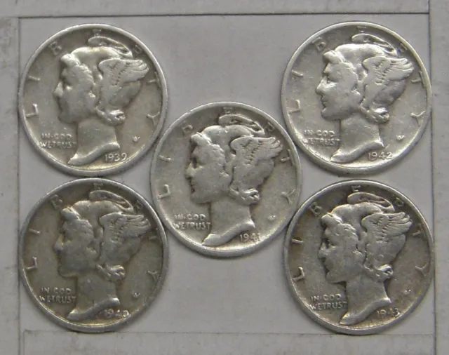 Mercury dime lot of 5, 1939-D, 1940-D, 1941-S, 1942-P, 1943-P.  90% silver coins