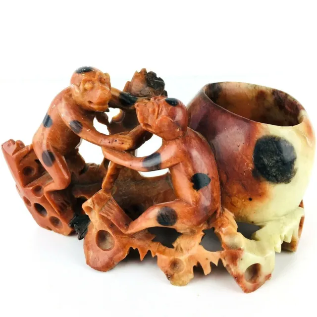 Vintage Detailed Hand Carved Soapstone Figurine Two Monkey's Bowl/Vase