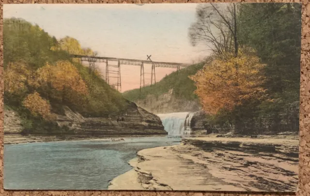 C 1939 upper falls portage erie R.R. bridge letchworth state new york postcard