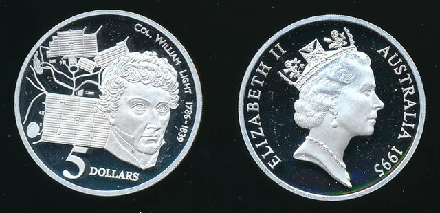 Australia: 1995 $5 Col William Light 1.08oz Large Silver Masterpiece in silver