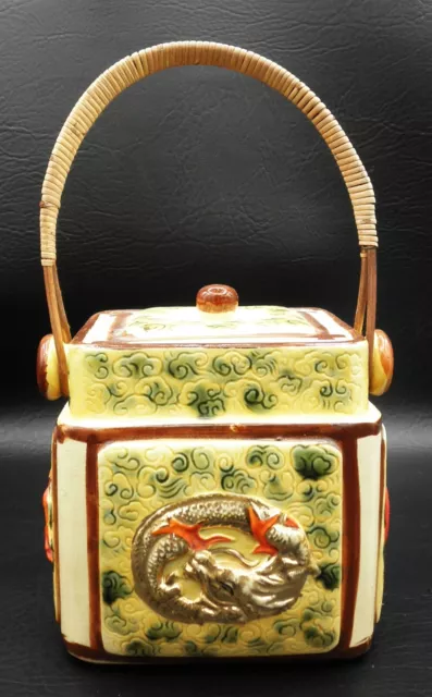 VTG Antique? Majolica  Dragon Japanese Tea Caddy Bamboo Handle Canister