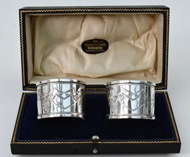 Quality Cased Pair Solid Silver Art Nouveau.Bright Cut Napkin Rings, 1906. 48.2g 3
